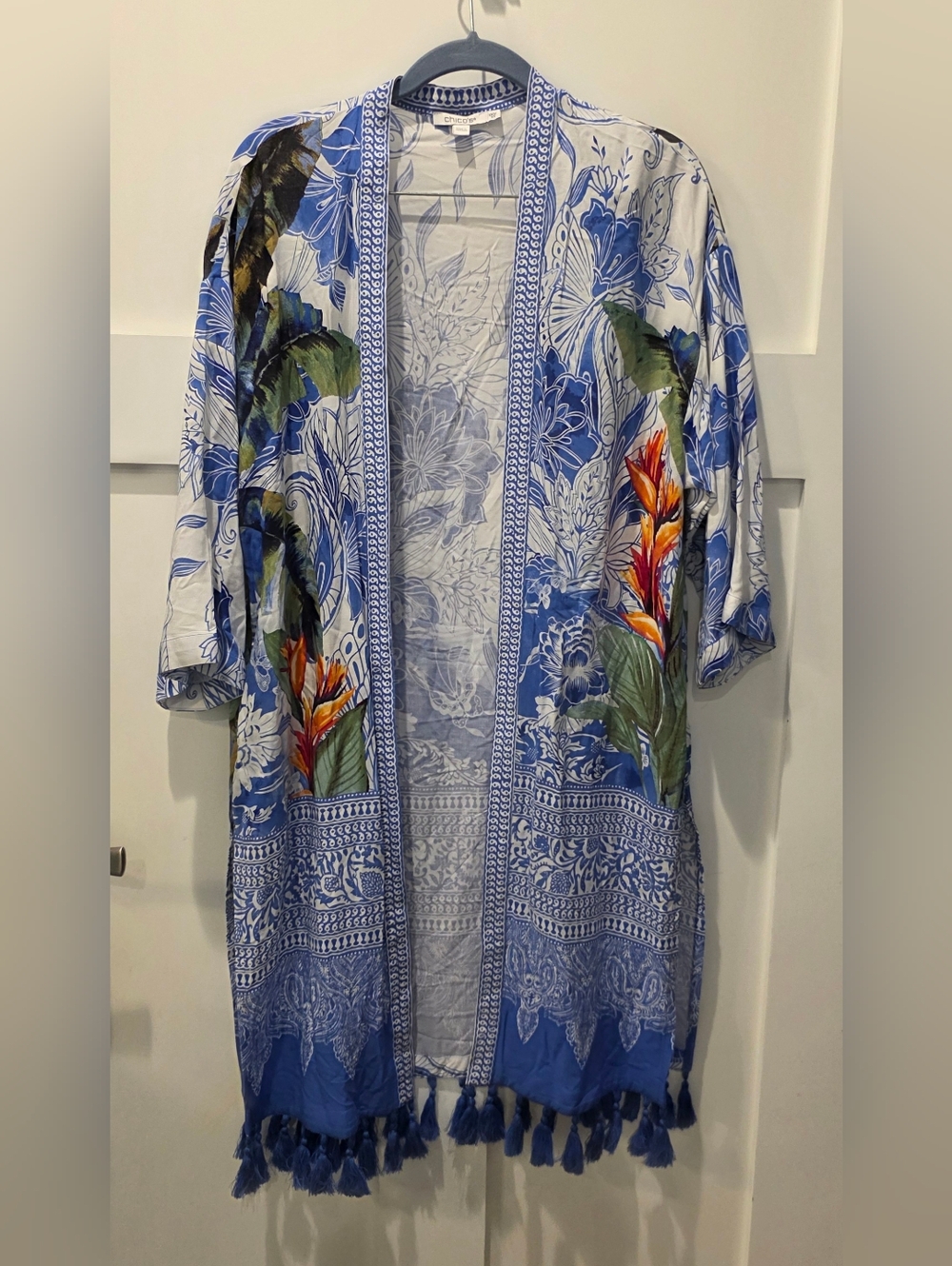 Chico's Women's Kimono Tropical  Duster Tassels Blue Swim Cover Up XXS/XS Boho